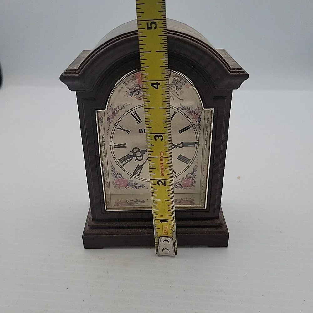 Vintage Brecks Brown Mantle Clock Floral Face Small Plastic Case Working Quartz